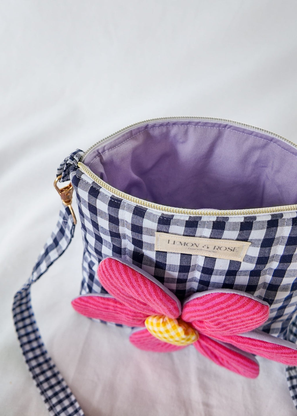 Gingham Applique Pink Flower Bag