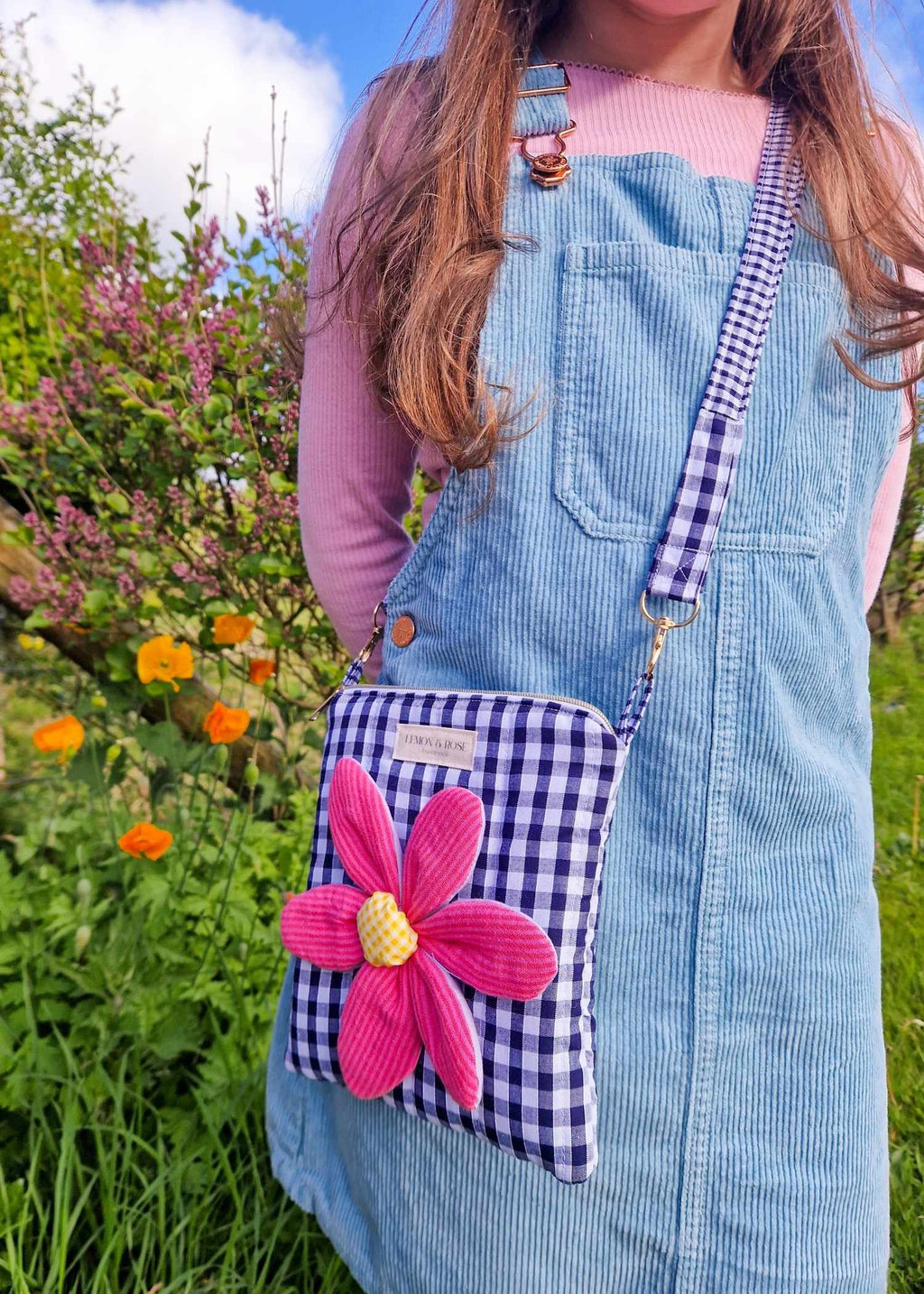 Gingham Applique Pink Flower Bag