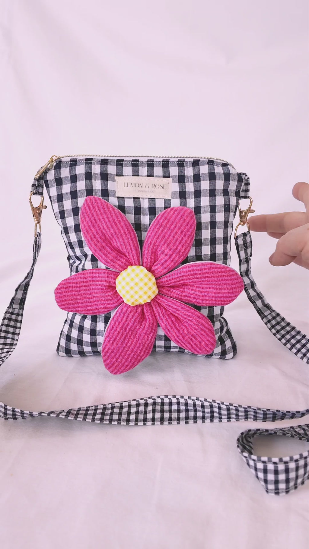 Gingham Applique Pink Flower Bag